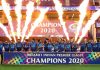 Mumbai Indians celebrates victory by holding wining trophy of the Dream 11 Indian Premium League (IPL) 2020 on Tuesday at Dubai.