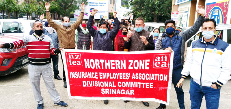 LIC employees during a protest demonstration at Jammu on Wednesday. LIC employees during a protest demonstration at Jammu on Wednesday.
