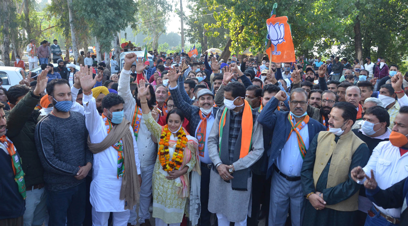 BJP leaders and MP Jugal Kishore Sharma during a rally at Phallian Mandal on Saturday. BJP leaders and MP Jugal Kishore Sharma during a rally at Phallian Mandal on Saturday.