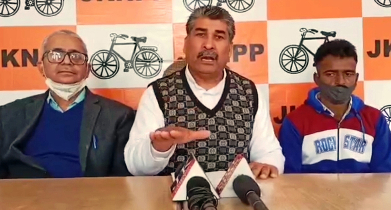 Provincial JKNPP president, Rajesh Padgotra addressing a press conference at Jammu on Sunday. Provincial JKNPP president, Rajesh Padgotra addressing a press conference at Jammu on Sunday.