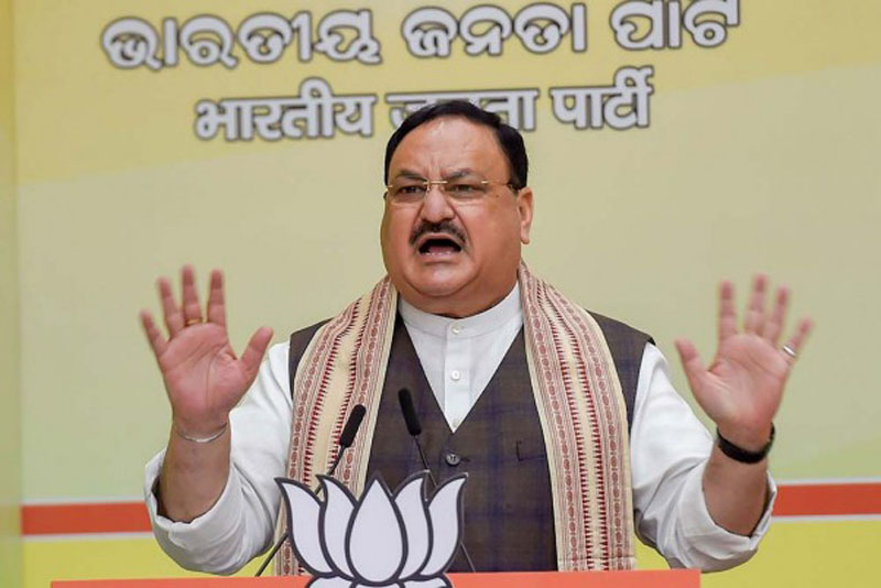 BJP President J P Nadda speaking during virtual inauguration of six new district party offices in Odisha, at BJP headquarters in New Delhi.