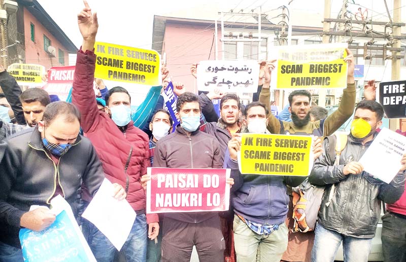 Fire & Emergency Services aspirants during a protest in Srinagar. -Excelsior/Shakeel Fire & Emergency Services aspirants during a protest in Srinagar. -Excelsior/Shakeel