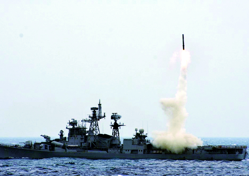 Indian Navy successfully test-fired 'BrahMos' an anti-ship supersonic cruise missile in the Andaman and Nicobar Islands territory on Tuesday. (UNI)