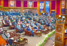 Lieutenant Governor Manoj Sinha addressing during launch of Ayushman Bharat PM-JAY Scheme in Jammu on Saturday.