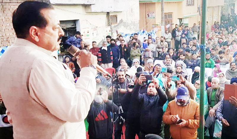 Union Minister Dr. Jitendra Singh addressing a public rally at Keerian-Gandyal near Kathua on Tuesday. Union Minister Dr. Jitendra Singh addressing a public rally at Keerian-Gandyal near Kathua on Tuesday.