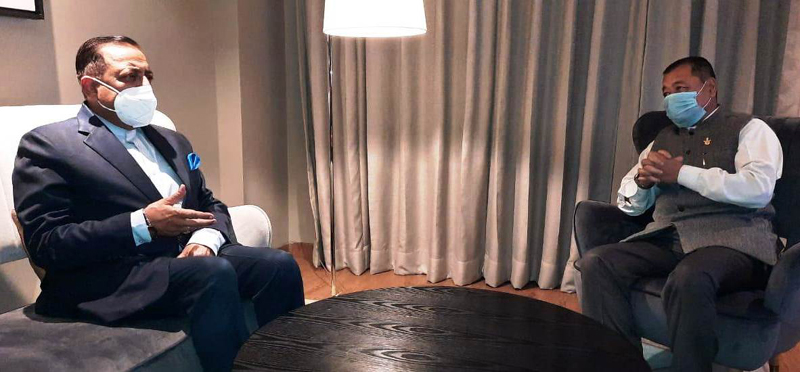 Union Minister Dr. Jitendra Singh being briefed about the status of various projects undertaken by the North Eastern Council by the Advisor Northeast, Air Marshal (Retd) Anjan Kumar Gogoi, on Saturday. Union Minister Dr. Jitendra Singh being briefed about the status of various projects undertaken by the North Eastern Council by the Advisor Northeast, Air Marshal (Retd) Anjan Kumar Gogoi, on Saturday.