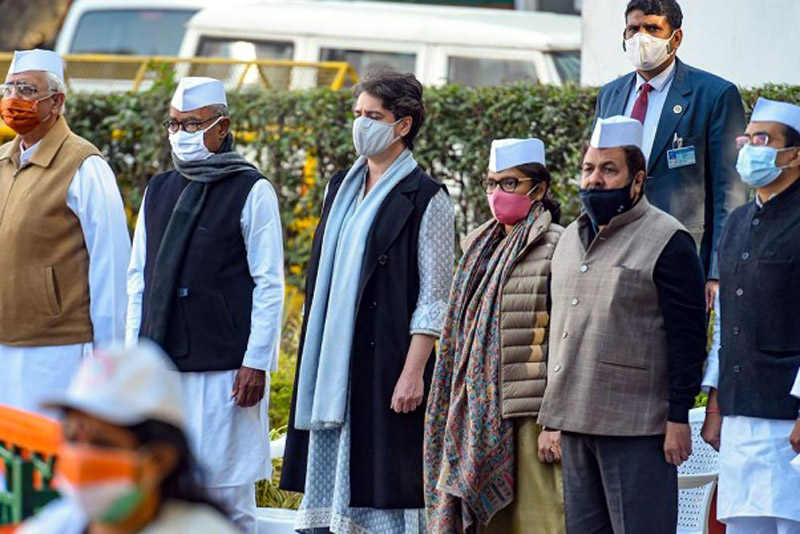 Congress leaders Priyanka Gandhi Vadra, Digvijaya Singh, and others during the party's 136th foundation day at AICC HQ in New Delhi on Monday. Congress leaders Priyanka Gandhi Vadra, Digvijaya Singh, and others during the party's 136th foundation day at AICC HQ in New Delhi on Monday.
