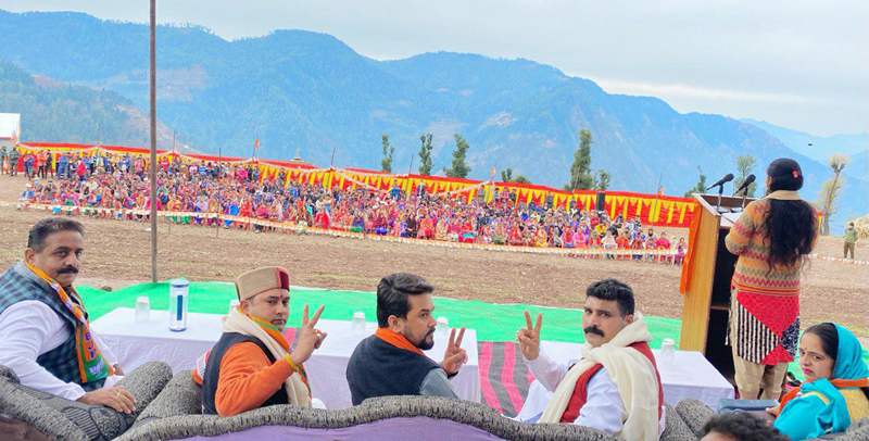Union Minister, Anurag Thakur addressing election rally at Kanthi in Ramban district on Friday. Union Minister, Anurag Thakur addressing election rally at Kanthi in Ramban district on Friday.