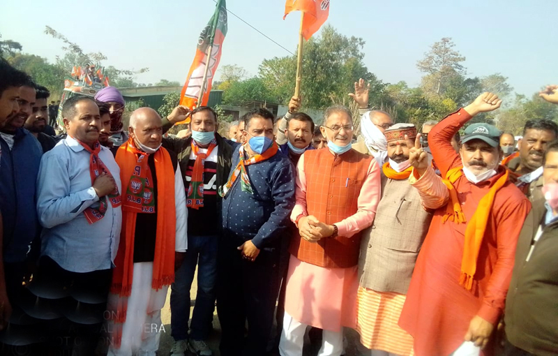 Former Deputy CM, Kavinder Gupta along with other BJP leaders during campaigning in Bhalwal on Wednesday. Former Deputy CM, Kavinder Gupta along with other BJP leaders during campaigning in Bhalwal on Wednesday.