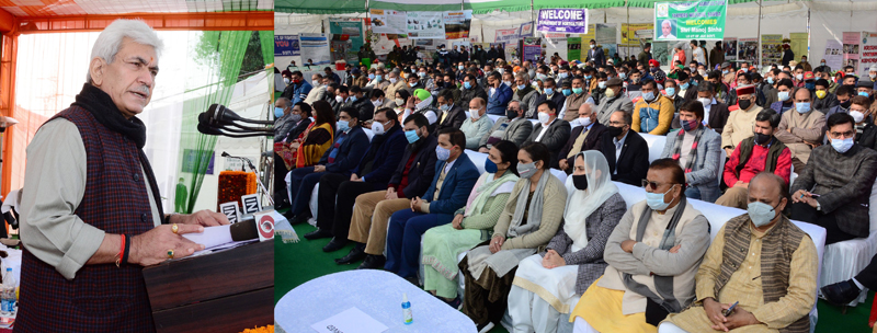 Lieutenant Governor Manoj Sinha speaking at the inauguration of KVK building complex in Samba on Friday. Lieutenant Governor Manoj Sinha speaking at the inauguration of KVK building complex in Samba on Friday.