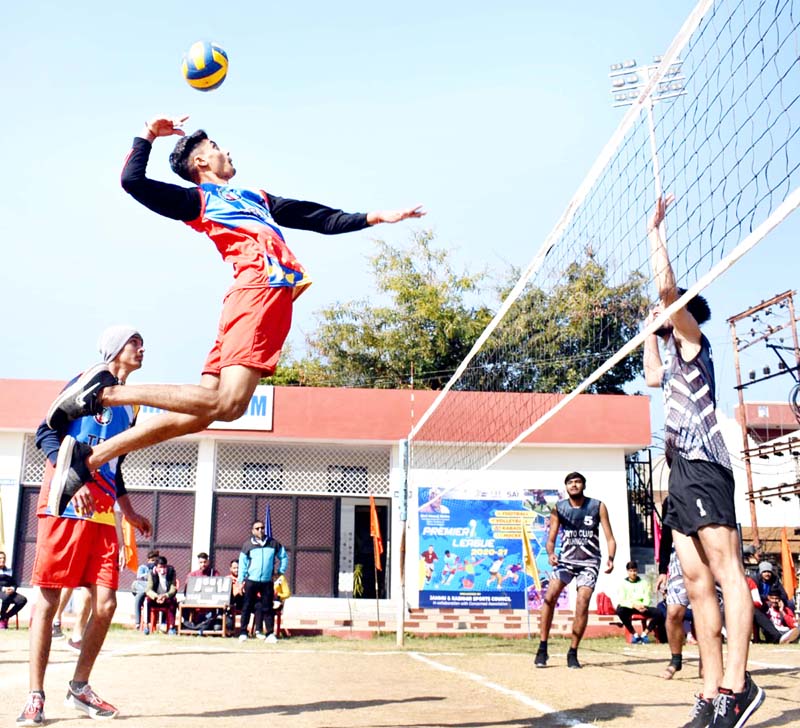 Players in action during Volleyball Premier League at Jammu. Players in action during Volleyball Premier League at Jammu.