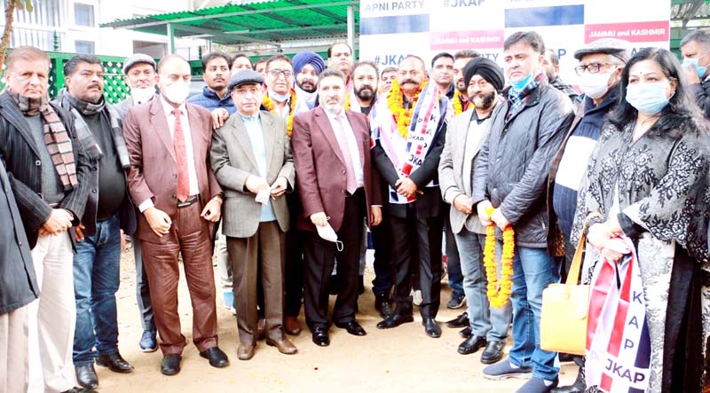 Apni Party president, Altaf Bukhari alongwith senior party leaders at a function in Jammu on Monday.