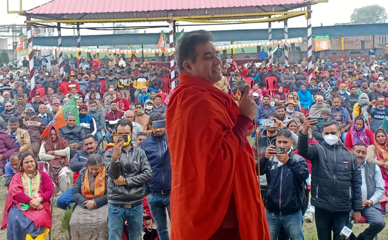 BJP J&K president, Ravinder Raina addressing a rally at Marh on Friday. BJP J&K president, Ravinder Raina addressing a rally at Marh on Friday.