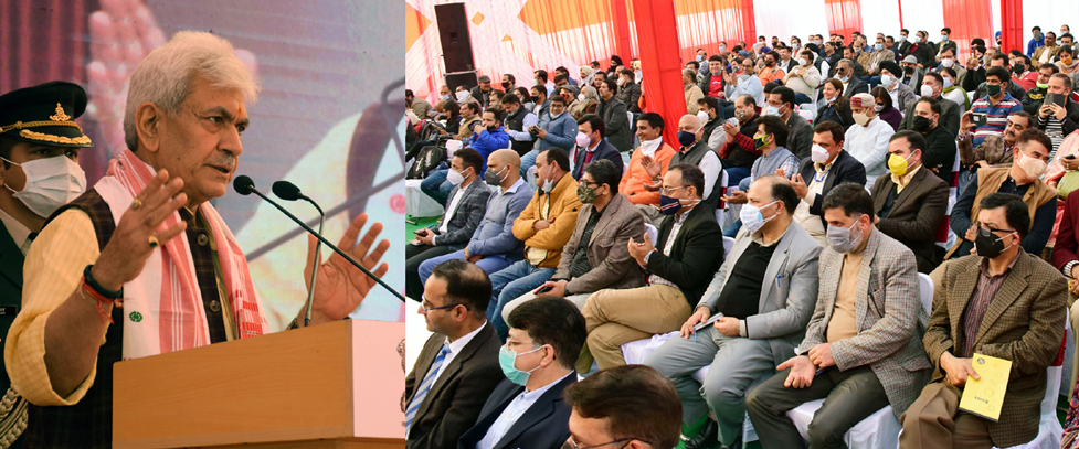 Lieutenant Governor Manoj Sinha speaking during inauguration of Bus Stand multi-level car parking in Jammu on Thursday.