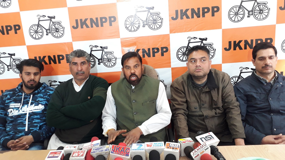 Harsh Dev Singh, JKNPP chairman addressing a press conference at Jammu on Wednesday. Harsh Dev Singh, JKNPP chairman addressing a press conference at Jammu on Wednesday.