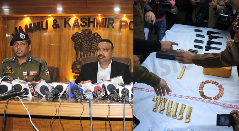DGP Dilbag Singh and IGP Jammu Mukesh Singh at a press conference in Jammu (left) and recoveries made by police in Ramgarh, Samba (right) on Sunday. —Excelsior pics by Rakesh & Nischant DGP Dilbag Singh and IGP Jammu Mukesh Singh at a press conference in Jammu (left) and recoveries made by police in Ramgarh, Samba (right) on Sunday. —Excelsior pics by Rakesh & Nischant