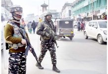 Security forces on high alert in Srinagar City on Saturday. -Excelsior/Shakeel