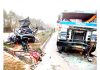 A van damaged beyond recognition after being hit by a Trailer near Mansar Morh in Samba on Saturday.