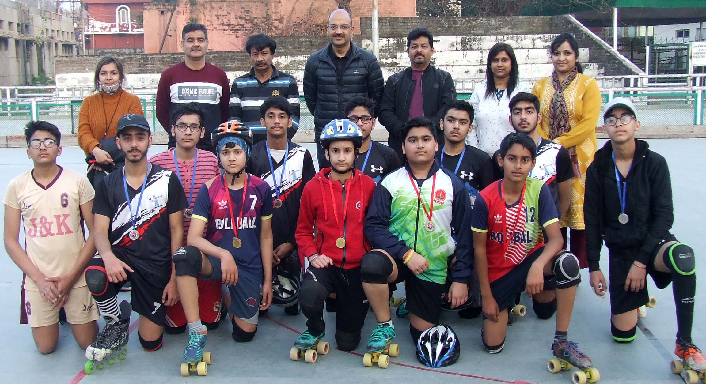 Winners of under-17 boys Roll Ball title posing a group photograph with chief guest at Skating Rink MA Stadium Jammu. Winners of under-17 boys Roll Ball title posing a group photograph with chief guest at Skating Rink MA Stadium Jammu.