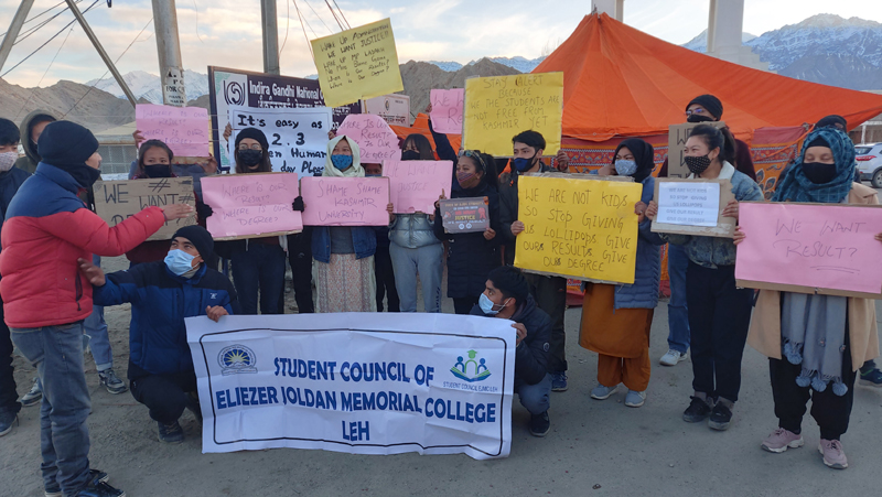 Students protesting in front of EJM College, Leh. -Excelsior/Morup Stanzin Students protesting in front of EJM College, Leh. -Excelsior/Morup Stanzin
