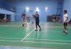 Players in action during Badminton match at Jammu.