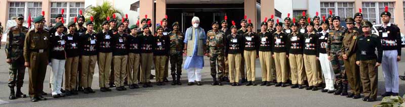 Lieutenant Governor Manoj Sinha with NCC cadets at Civil Secretariat in Jammu on Friday. Lieutenant Governor Manoj Sinha with NCC cadets at Civil Secretariat in Jammu on Friday.