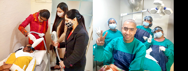 A woman getting skin treatment (left) and a man posing with doctors after getting hair transplant done on him (right) at Headmasters' Hair Transplant and Skin Clinic in Jammu. A woman getting skin treatment (left) and a man posing with doctors after getting hair transplant done on him (right) at Headmasters' Hair Transplant and Skin Clinic in Jammu.