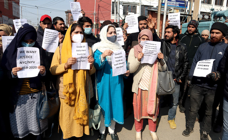 NYC workers protesting in Srinagar. —Excelsior/Shakeel NYC workers protesting in Srinagar. —Excelsior/Shakeel