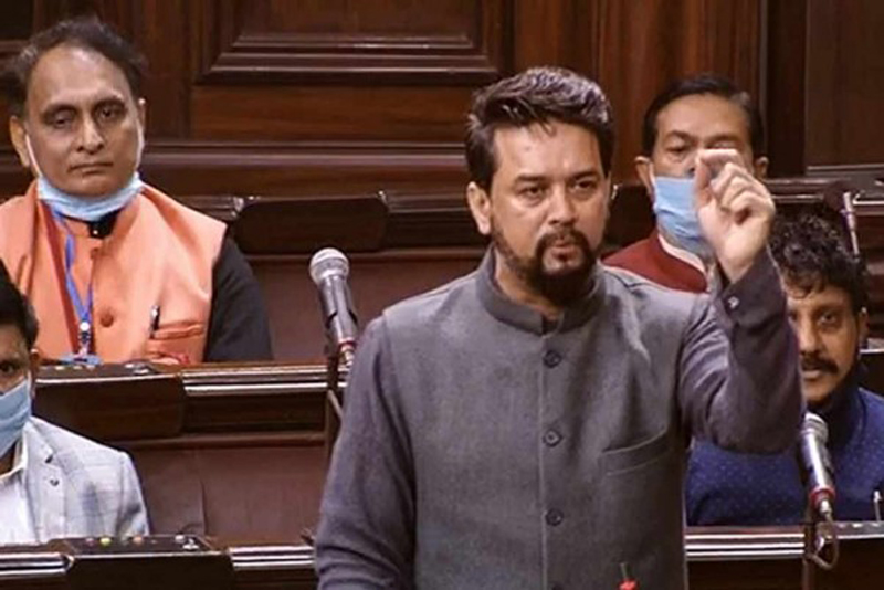 Union Minister of State for Finance Anurag Thakur speaks in the Rajya Sabha during the ongoing Budget Session of Parliament, in New Delhi.