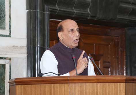 Defence Minister Rajnath Singh addressing the gathering after presenting best marching contingent trophies of Republic Day Parade 2021 to Jat Regimental Centre and Delhi Police, in New Delhi on Monday. (UNI) Defence Minister Rajnath Singh addressing the gathering after presenting best marching contingent trophies of Republic Day Parade 2021 to Jat Regimental Centre and Delhi Police, in New Delhi on Monday. (UNI)
