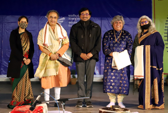 Musical maestros Pt Shubhendra Rao and Pt Ramkumar Mishra posing with other dignitaries during a function at IIT Jammu. Musical maestros Pt Shubhendra Rao and Pt Ramkumar Mishra posing with other dignitaries during a function at IIT Jammu.