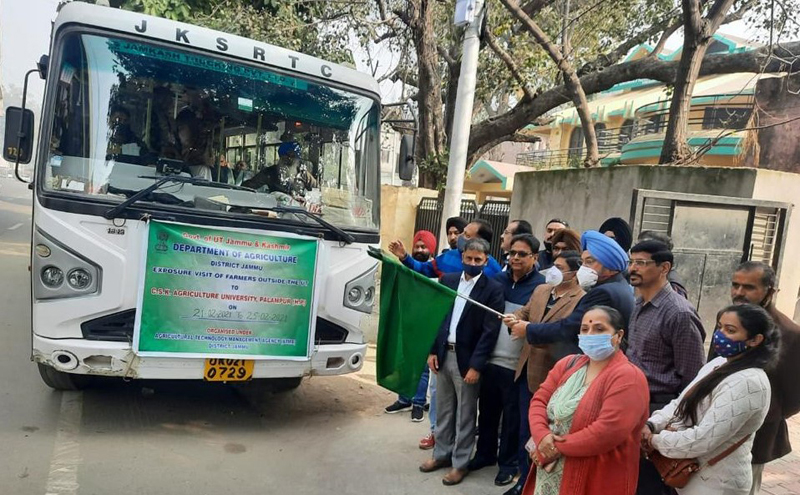 Director Agriculture Jammu Inderjeet flagging off group of 26 farmers for exposure visit on Sunday. Director Agriculture Jammu Inderjeet flagging off group of 26 farmers for exposure visit on Sunday.