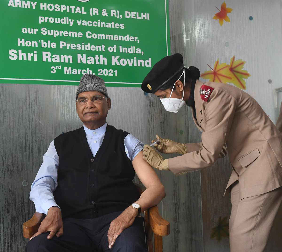 President Ram Nath Kovind while receiving the first dose of COVID-19 vaccine, during the second phase of a countrywide inoculation drive, in New Delhi. President Ram Nath Kovind while receiving the first dose of COVID-19 vaccine, during the second phase of a countrywide inoculation drive, in New Delhi.