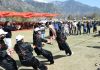 Girl students during Tug of War competition at Kishtwar on Friday.