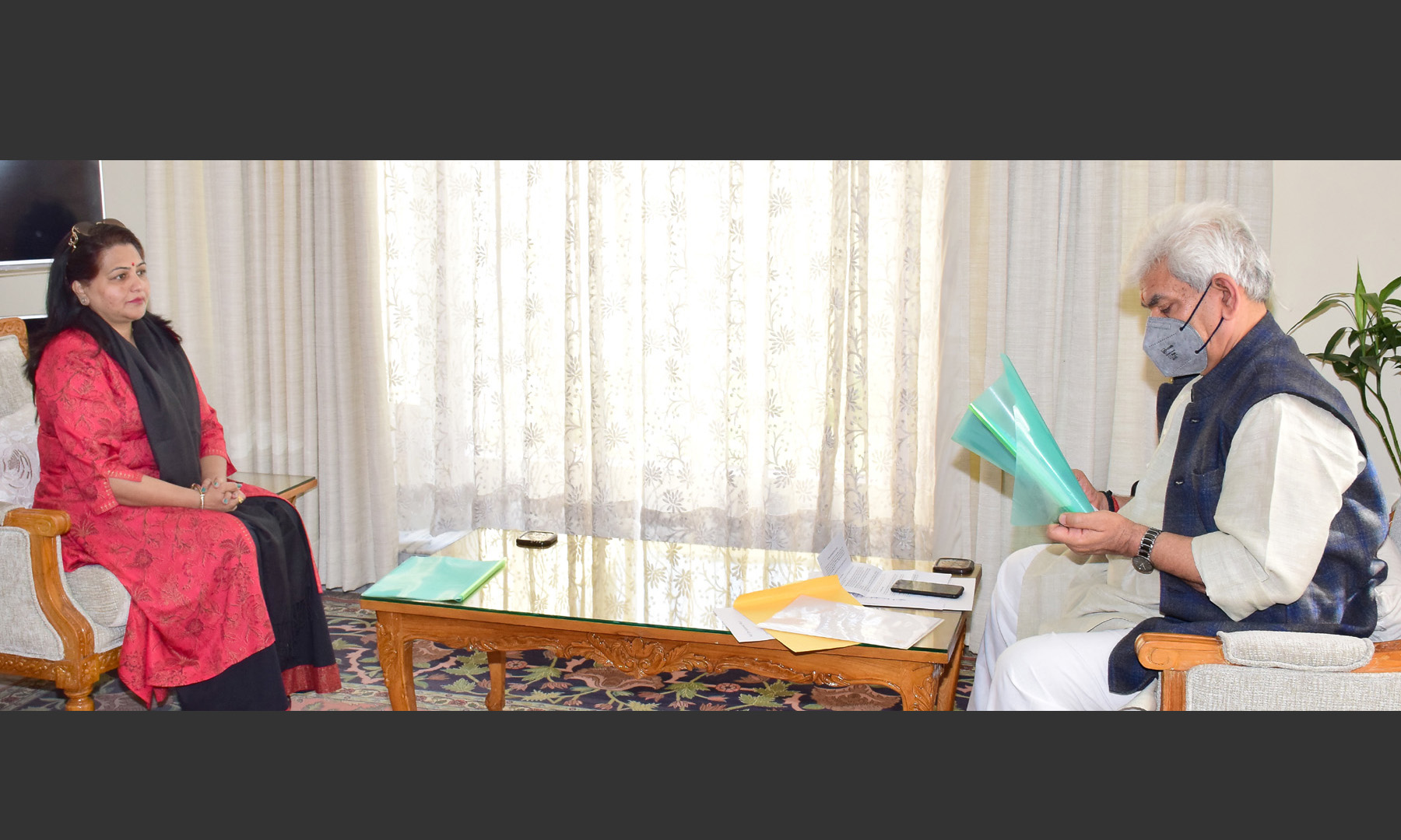 Lt Governor Manoj Sinha meeting Ms. Namrta Sharma, Provincial President, Women wing of J&K Apni Party