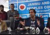 JKPC chief Sajad Lone addressing a press conference in Srinagar on Monday. -Excelsior/Shakeel