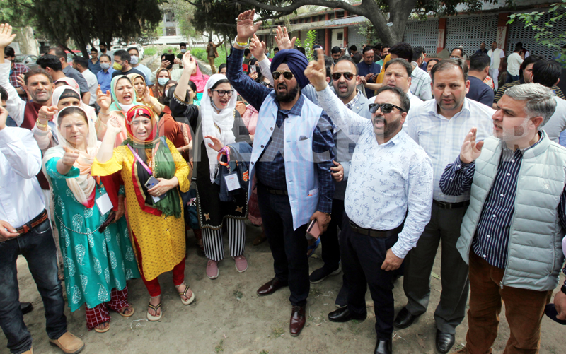 Excelsior Rakesh DDC chairpersons, vice chairpersons and members protesting outside Press Club Jammu on Wednesday. -Excelsior/Rakesh