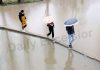 Amid heavy rains, scene of water logging at Srinagar's Amar Singh College on Wednesday. —Excelsior/Shakeel