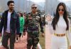 Bollywood Actors Vicky Kaushal and Sonali Chauhan with GOC Varinder Vats. -Excelsior/Aabid Nabi