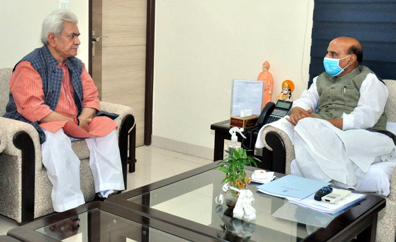 Lieutenant Governor Manoj Sinha in a meeting with Defence Minister Rajnath Singh in New Delhi on Wednesday. Lieutenant Governor Manoj Sinha in a meeting with Defence Minister Rajnath Singh in New Delhi on Wednesday.
