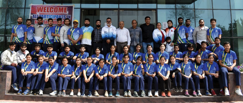 Selected fencing teams and dignitaries posing for group photograph. Selected fencing teams and dignitaries posing for group photograph.