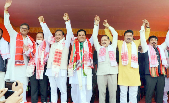 Union Minister Dr Jitendra Singh, flanked by Chief Minister Sarbananda Sonowal, Finance Minister Himanta Biswa Sarma and other senior leaders, at a public rally after the filing of nomination papers by the Chief Minister at Majuli, Assam on Tuesday. Union Minister Dr Jitendra Singh, flanked by Chief Minister Sarbananda Sonowal, Finance Minister Himanta Biswa Sarma and other senior leaders, at a public rally after the filing of nomination papers by the Chief Minister at Majuli, Assam on Tuesday.