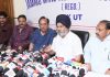 JWTA chairman Jagdish Singh Jasrotia, spokesperson Charanjeet Singh and others during a press conference at Jammu. — Excelsior/Rakesh