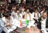 Cong leaders and workers staging protest at Bishnah on Wednesday.