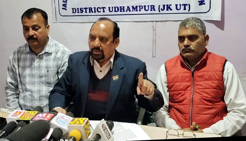 NPP Trade Union leader Som Nath addressing press conference at Udhampur on Friday. NPP Trade Union leader Som Nath addressing press conference at Udhampur on Friday.