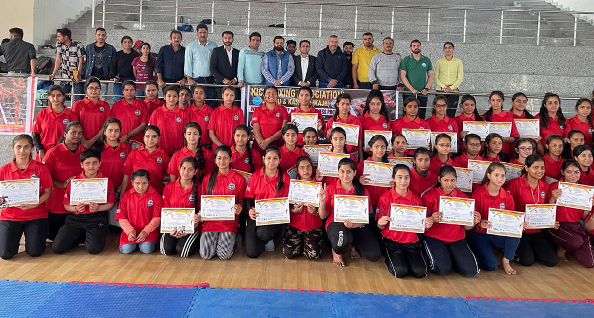 Girls displaying their meritorious certificates after the self defence event at Bhagwati Nagar Jammu. Girls displaying their meritorious certificates after the self defence event at Bhagwati Nagar Jammu.