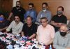 Wine traders addressing a press conference at Jammu on Saturday. —Excelsior/Rakesh