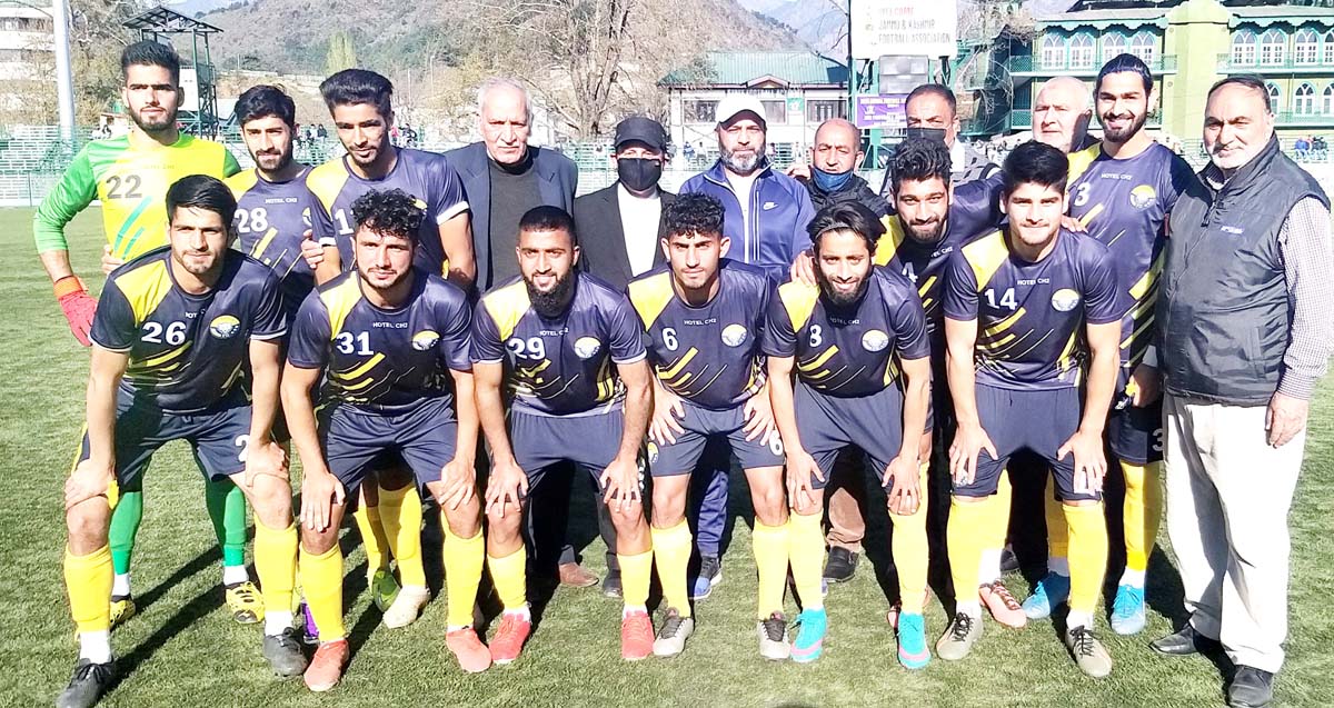 Winning team posing for a group photograph at TRC Ground Srinagar on Saturday. Winning team posing for a group photograph at TRC Ground Srinagar on Saturday.