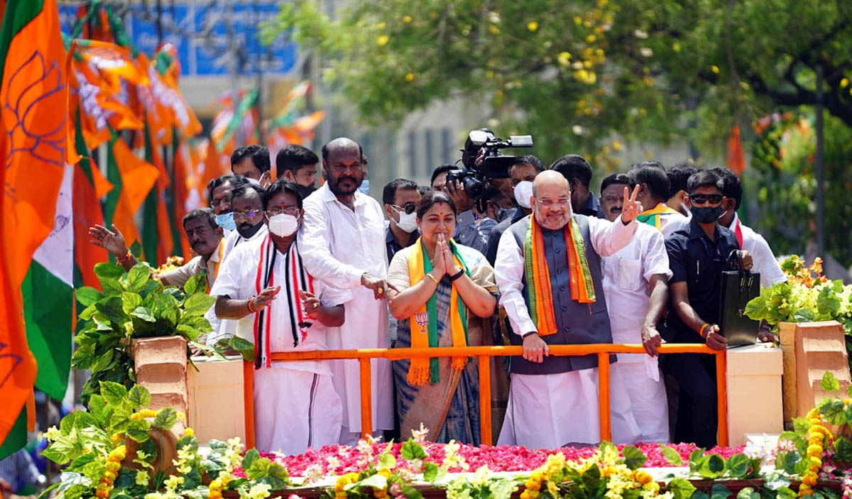 Union Home Minister, Amit Shah during the road-show ahead of April 6 Assembly Elections, in Chennai on Saturday. (UNI) Union Home Minister, Amit Shah during the road-show ahead of April 6 Assembly Elections, in Chennai on Saturday. (UNI)