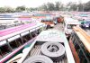 Private buses parked at Ware House Bus Stand as transport operators go on strike in Jammu on Wednesday. -Excelsior/Rakesh